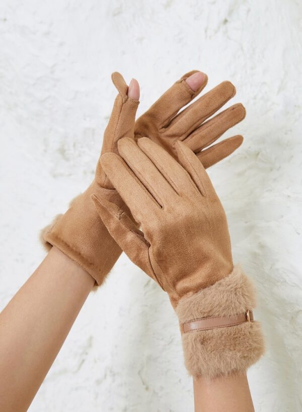 Fluffy Gloves – Soft suede, fleece lining, touchscreen-friendly. - Brown