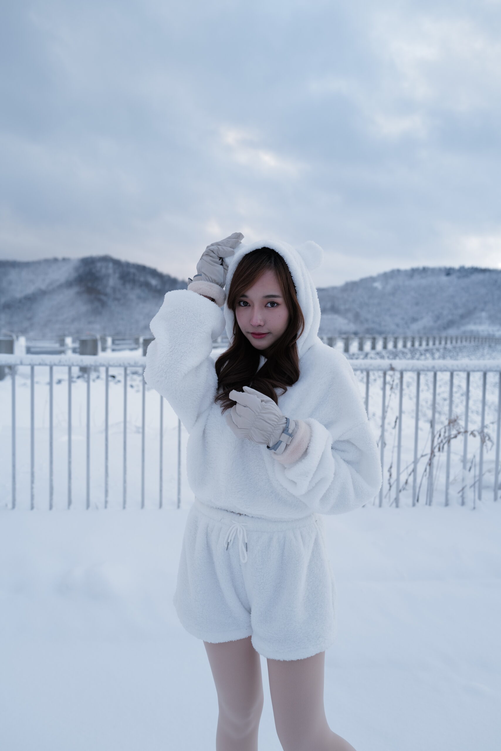 Hoodie snow set - A soft, bear-eared hoodie and shorts set.