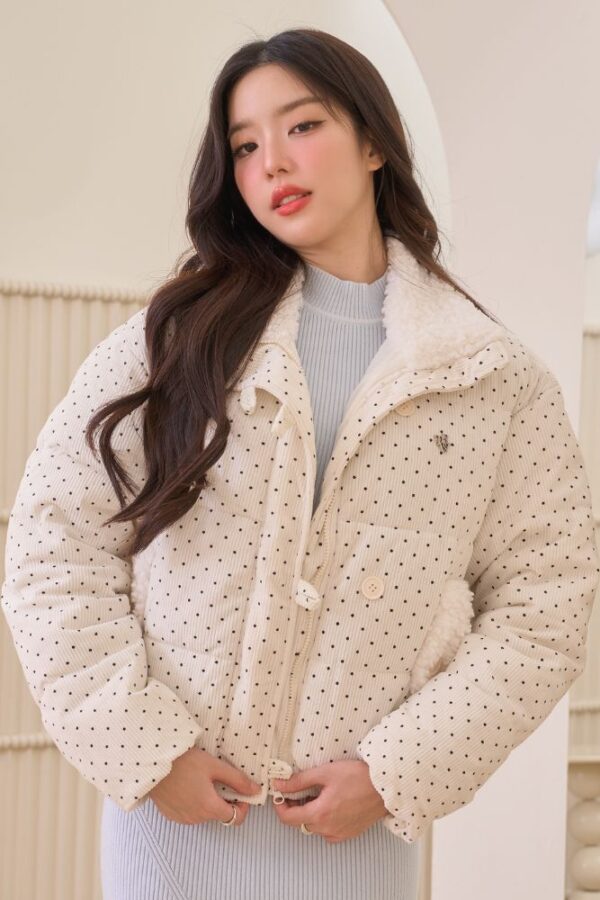 Polka Dot Bomber Jacket - Elastic hem, zipper & fur pockets