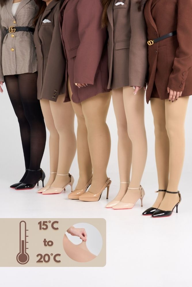 Super Slim Warm – Non-fleece sheer thermal stockings, suitable for 15–20°C.