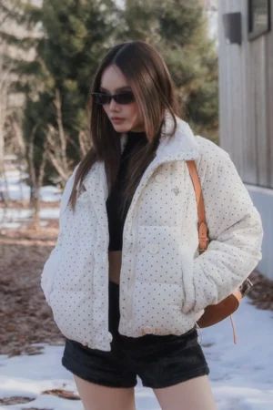 Polka Dot Bomber Jacket - Elastic hem, zipper & fur pockets