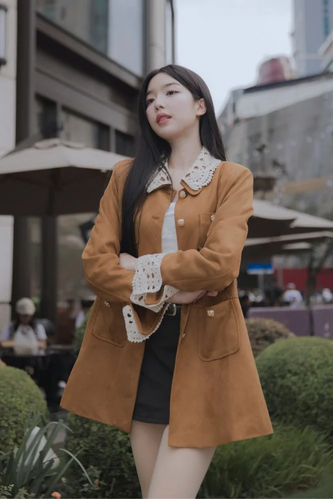 Merletto Brown Suede Dress Coat - Suede dress coat with detachable lace trim.