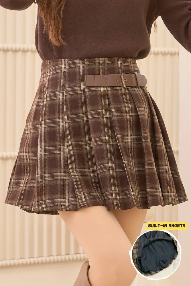 Vintage Checkered Skirt - High-waisted wool blend skirt with built-in shorts.