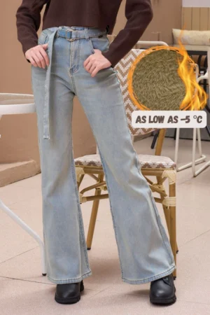 Belted Flare Fleece Jeans – High-Rise Fit with Inner Fleece Lining.