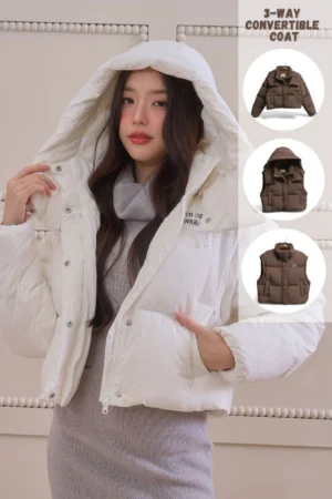 ToBeWarm 3-Way Down Jacket - Wearable from 20°C to -20°C, featuring removable sleeves and hood.