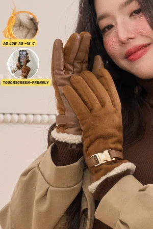 Aurina Brown Suede Gloves  - All-Fingers Touchscreen Suede Gloves with Fleece Lining.