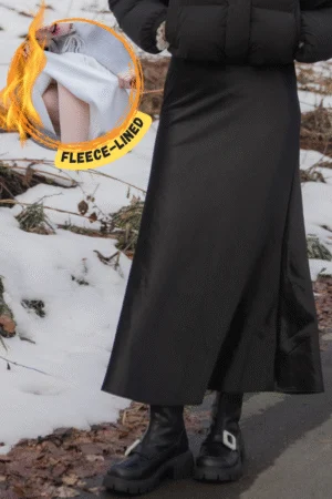 Flairelle Fleece Maxi Skirt - Satin skirt with fleece lining and sculpting fit.