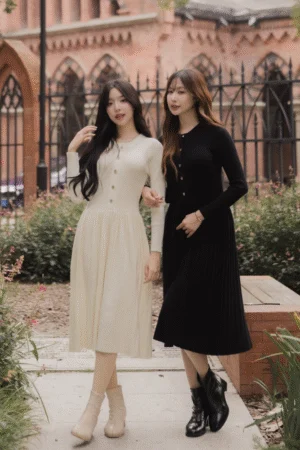 Harmonie Knit Dress - Timeless hourglass shape via ribbed top and pleated skirt.