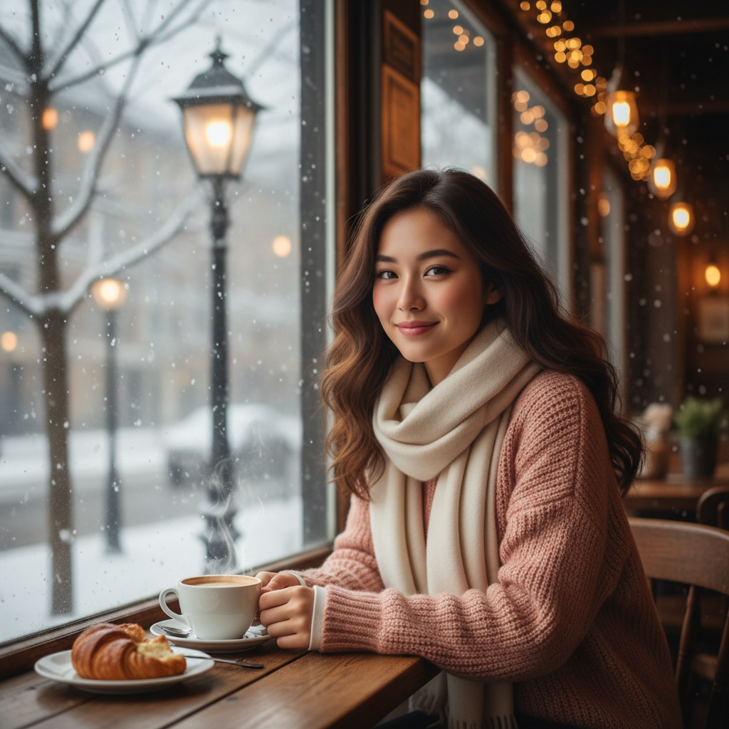 A stylish young Asian woman smiling softly, dressed in a cozy, blush-toned knit sweater and layered clothing, sitting by a window in a cafe during winter. Photorealistic, warm lighting.