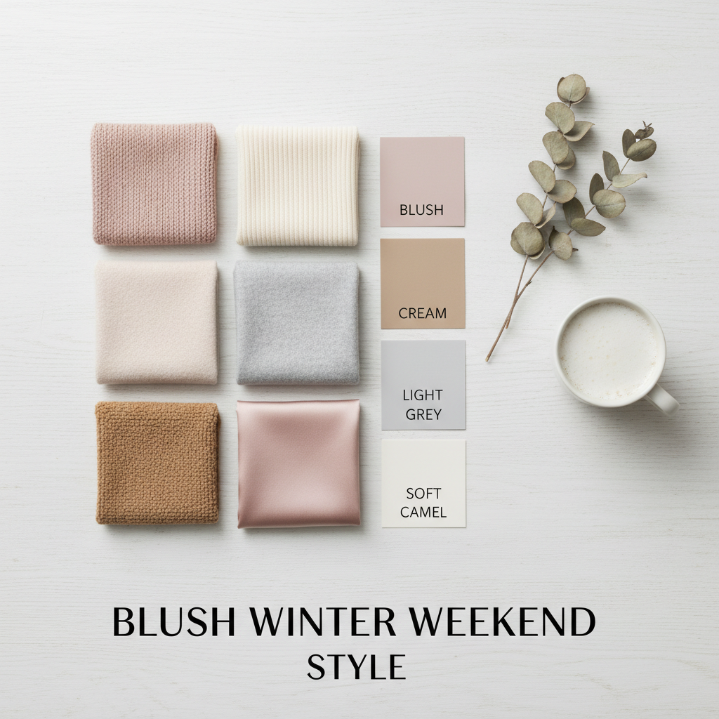 A flat lay or mood board showcasing various fabric swatches and color chips in blush, cream, light grey, and soft camel, representing the core elements of the Blush Winter Weekend style. Flat design, clean and modern.