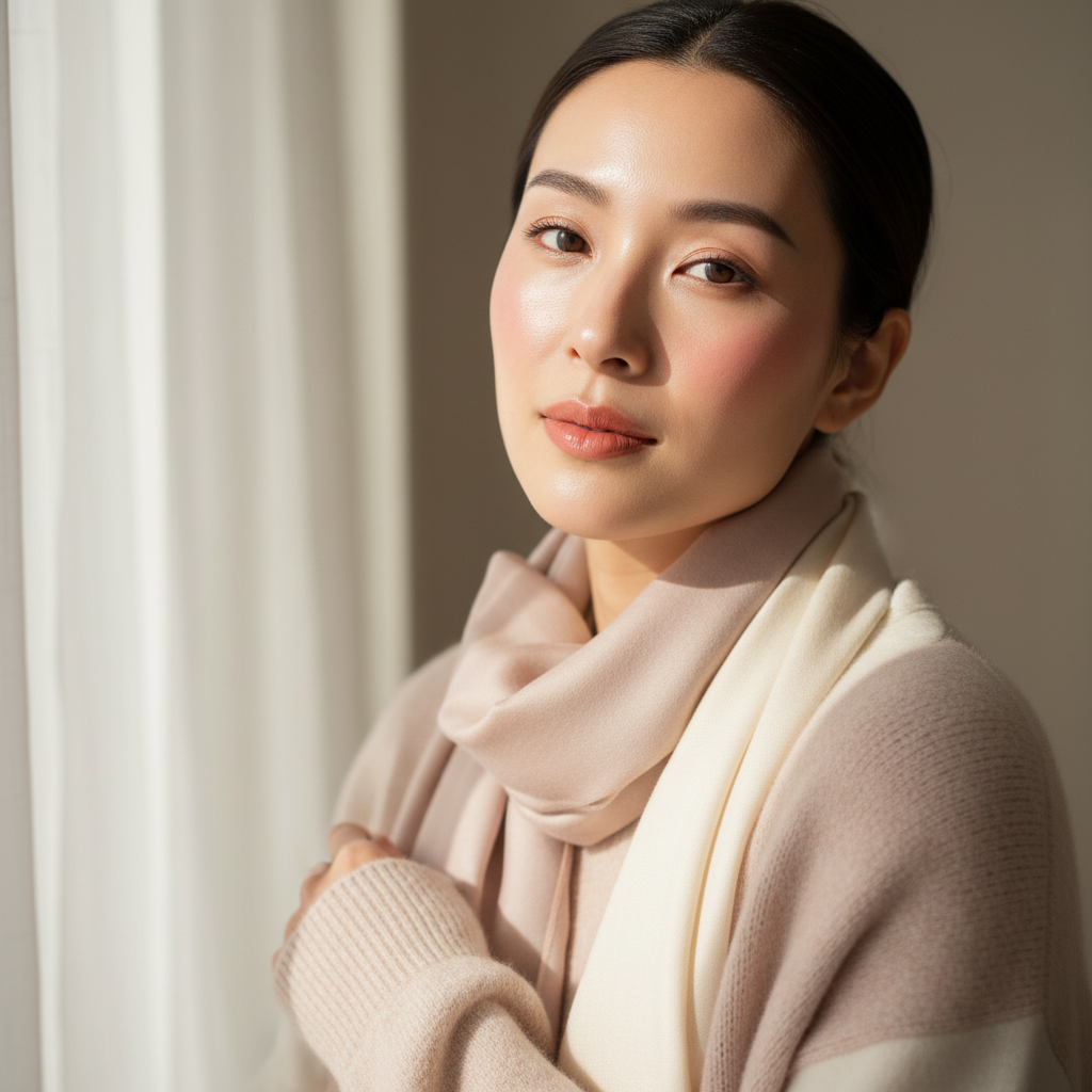 An elegant Asian woman with a radiant complexion, wearing soft blush and cream layered winter clothing, demonstrating how the colors complement her natural features. Photorealistic, soft focus, natural makeup.