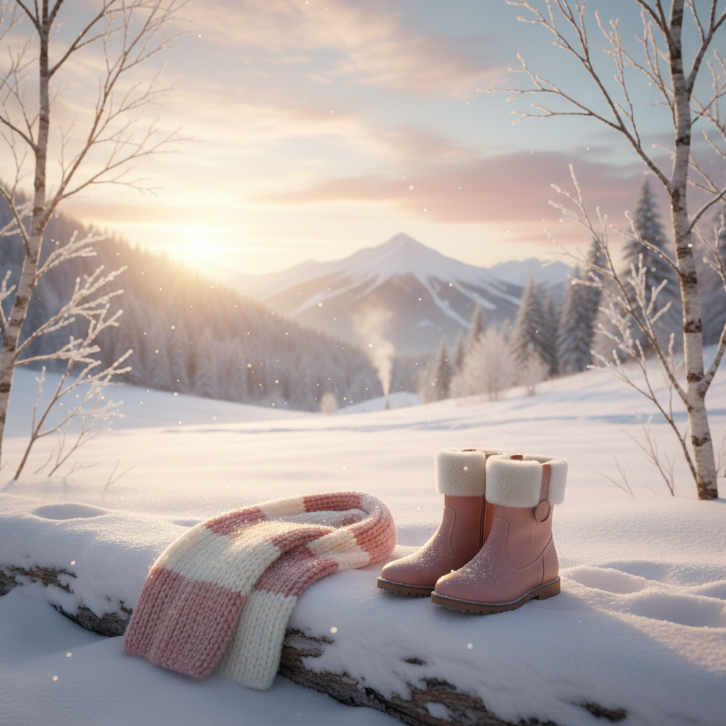 A scenic winter landscape with soft light, evoking a sense of calm and warmth, with a foreground element like a cozy scarf or a pair of elegant boots in blush and cream tones. Photorealistic, serene, inviting.