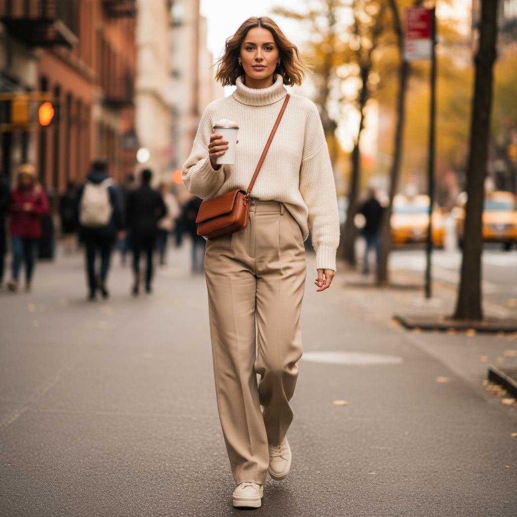 A stylish millennial individual walking confidently on a bustling city street during a mild autumn day, impeccably dressed in a 'Cozy Latte Street Style' outfit. They wear an oversized cream knit turtleneck sweater, high-waisted wide-leg beige trousers, and chunky off-white sneakers. They carry a chic, structured crossbody bag in a complementary earthy tone and are holding a steaming latte. The background is a slightly blurred street scene with warm, muted tones, highlighting the individual's effortless chic aesthetic. Photorealistic, soft natural light, depth of field.