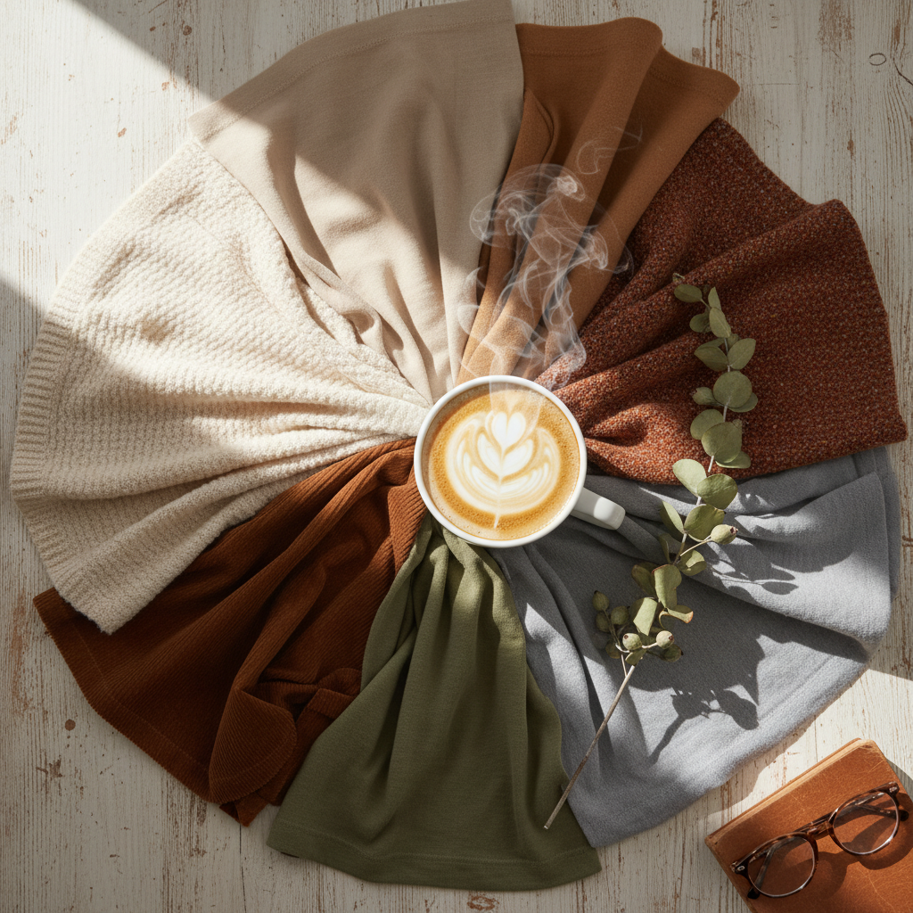 A visually appealing flat lay showcasing the Cozy Latte Street Style color palette. Cream, beige, camel, warm brown, soft grey, muted olive, and rust fabric swatches are arranged artfully with a steaming coffee mug and a sprig of dried eucalyptus. Natural light, soft shadows, photorealistic.