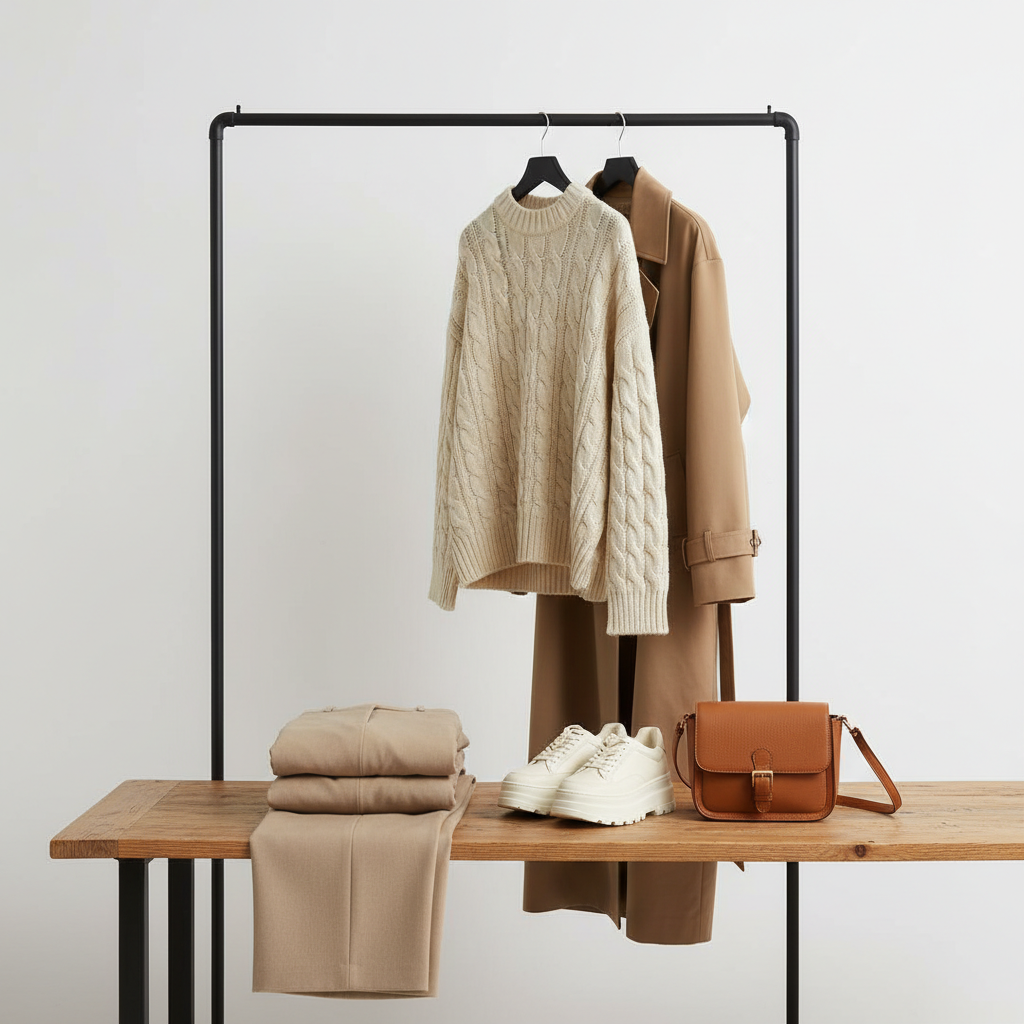 A curated collection of Cozy Latte Street Style essential garments neatly displayed on a minimalist clothing rack and folded on a wooden table. Items include an oversized cream cable-knit sweater, wide-leg beige wool trousers, a long camel trench coat, chunky off-white sneakers, and a structured crossbody bag. Soft studio lighting, clean background, photorealistic.
