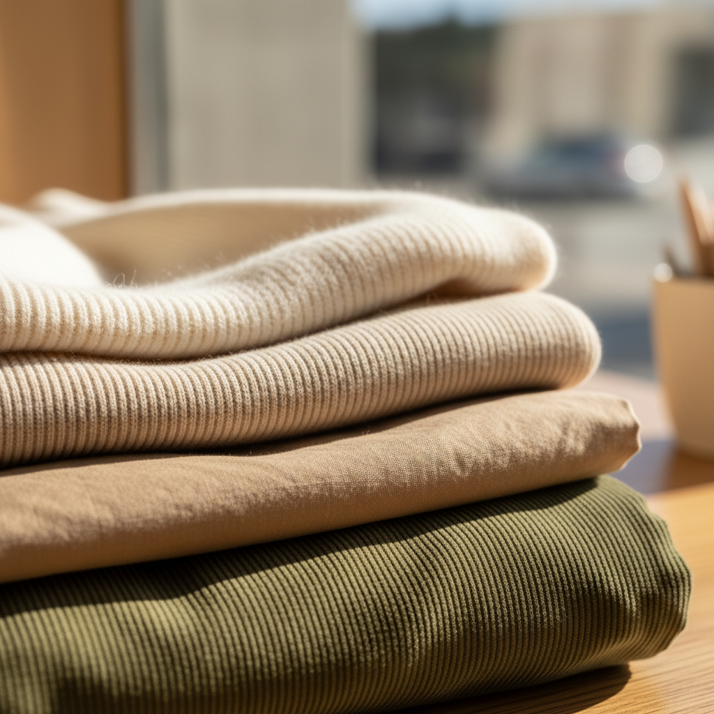 A close-up, tactile shot showcasing various luxurious fabrics essential for Cozy Latte Street Style. Textures like a soft cream cashmere knit, a ribbed beige merino wool, a crisp light brown organic cotton, and a plush corduroy in an earthy olive tone are layered. Natural light, shallow depth of field, photorealistic, high detail.