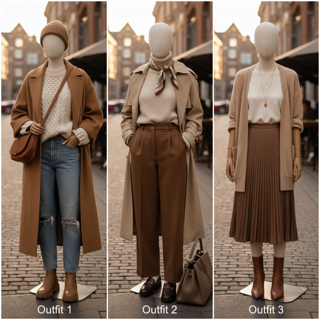 A collage of three distinct Cozy Latte Street Style outfits on separate mannequins or flat lays. Each outfit showcases different combinations of the essential garments and color palette, emphasizing versatility and effortless chic. Outfit 1: oversized cable-knit, jeans, camel coat. Outfit 2: turtleneck, wide-leg trousers, trench. Outfit 3: cashmere cardigan, pleated midi skirt. All photorealistic with consistent warm lighting.