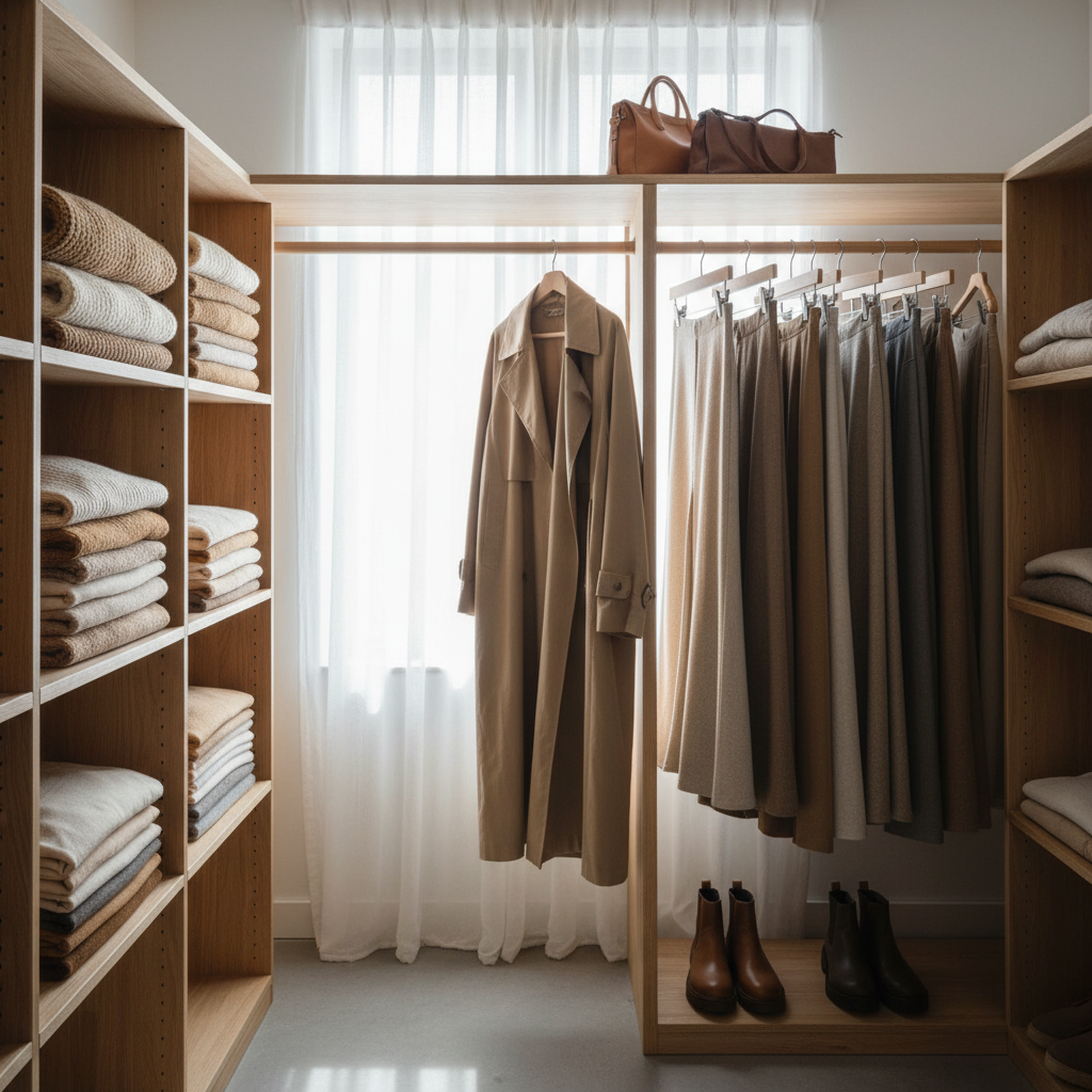 A minimalist closet featuring a carefully curated selection of high-quality, timeless Cozy Latte Street Style pieces. Natural fibers like wool, cashmere, and organic cotton are visible. The clothing is neatly organized, emphasizing durability and versatility. Soft, warm natural light enters through a window. Photorealistic, clean aesthetic.