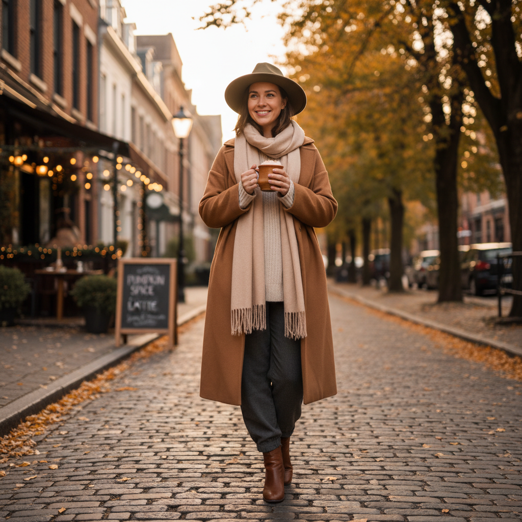 A confident and happy person, embodying the Cozy Latte Street Style, standing outdoors on a pleasant autumn day, holding a warm beverage. They are dressed in perfectly layered, neutral-toned garments that exude comfort and sophistication. Their expression is warm and inviting, suggesting a feeling of self-assurance and style. Golden hour lighting, urban park or charming street background, photorealistic.