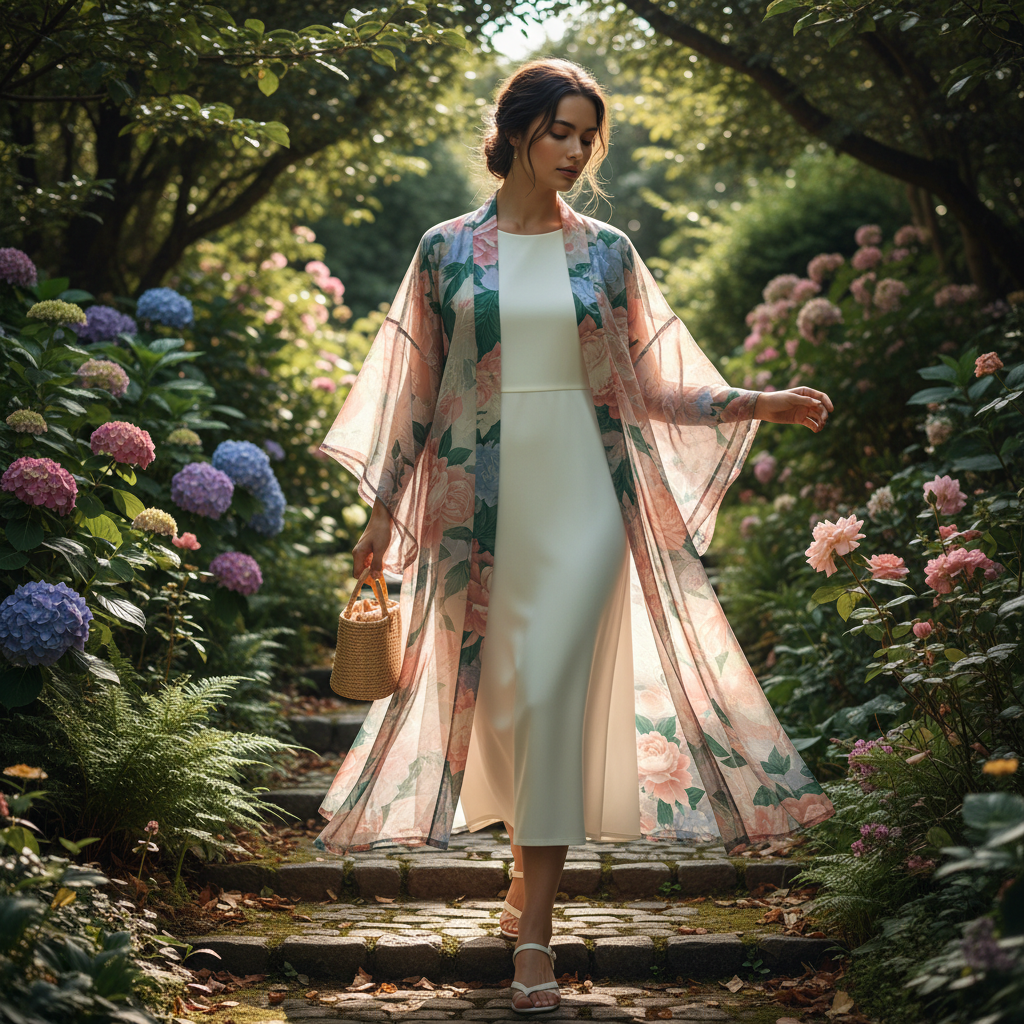 A stylish woman with an elegant, serene expression, wearing a sheer floral kimono over a simple white midi dress, gracefully walking through a sun-dappled garden path. The light catches the translucent fabric of the kimono, highlighting its delicate texture and the layering effect. Soft natural lighting, photorealistic, 4k.