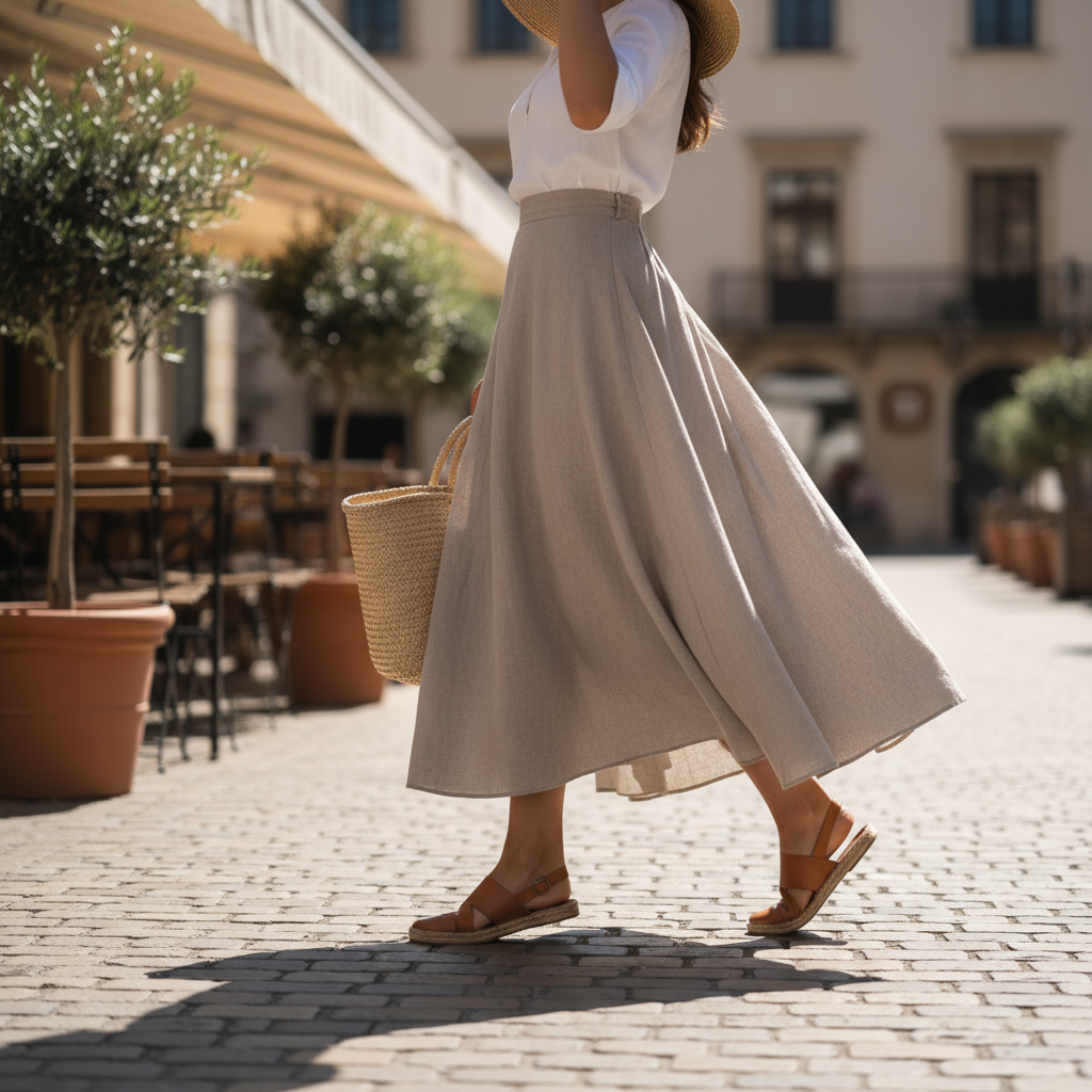 A stylish woman from the waist down, captured gracefully in motion, wearing a flowing, high-waisted linen A-line skirt in a soft beige and a neatly tucked-in, fitted white blouse. Her posture emphasizes the balanced silhouette that offers both elegance and ease of movement for a 'Dreamy Day Out'. Bright daylight, photorealistic, 4k.