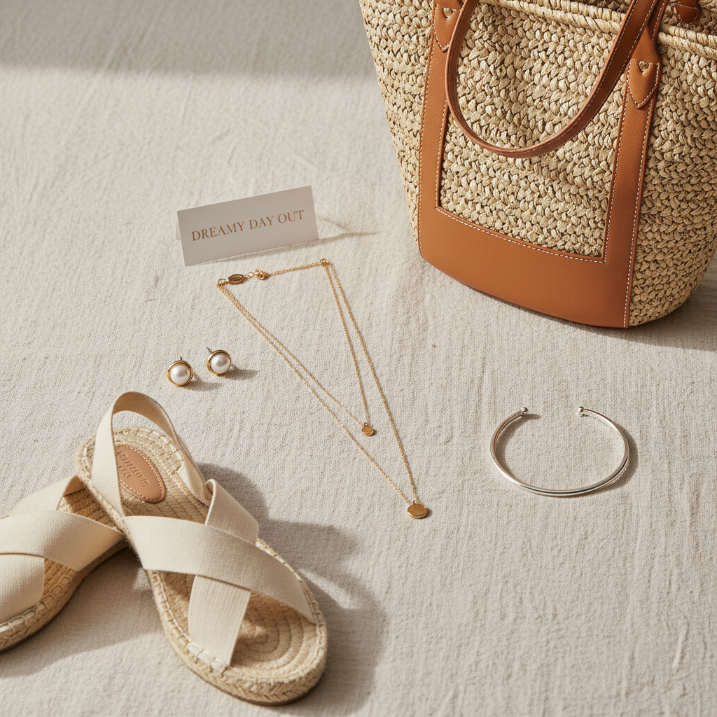 A beautifully curated collection of minimalist and delicate accessories for a 'Dreamy Day Out'. Include a thin layered gold necklace, small pearl stud earrings, a simple silver bangle, a woven straw tote bag with elegant leather accents, and comfortable yet chic espadrille sandals. Arranged aesthetically on a light, textured surface, showcasing soft, even lighting, photorealistic, 4k.