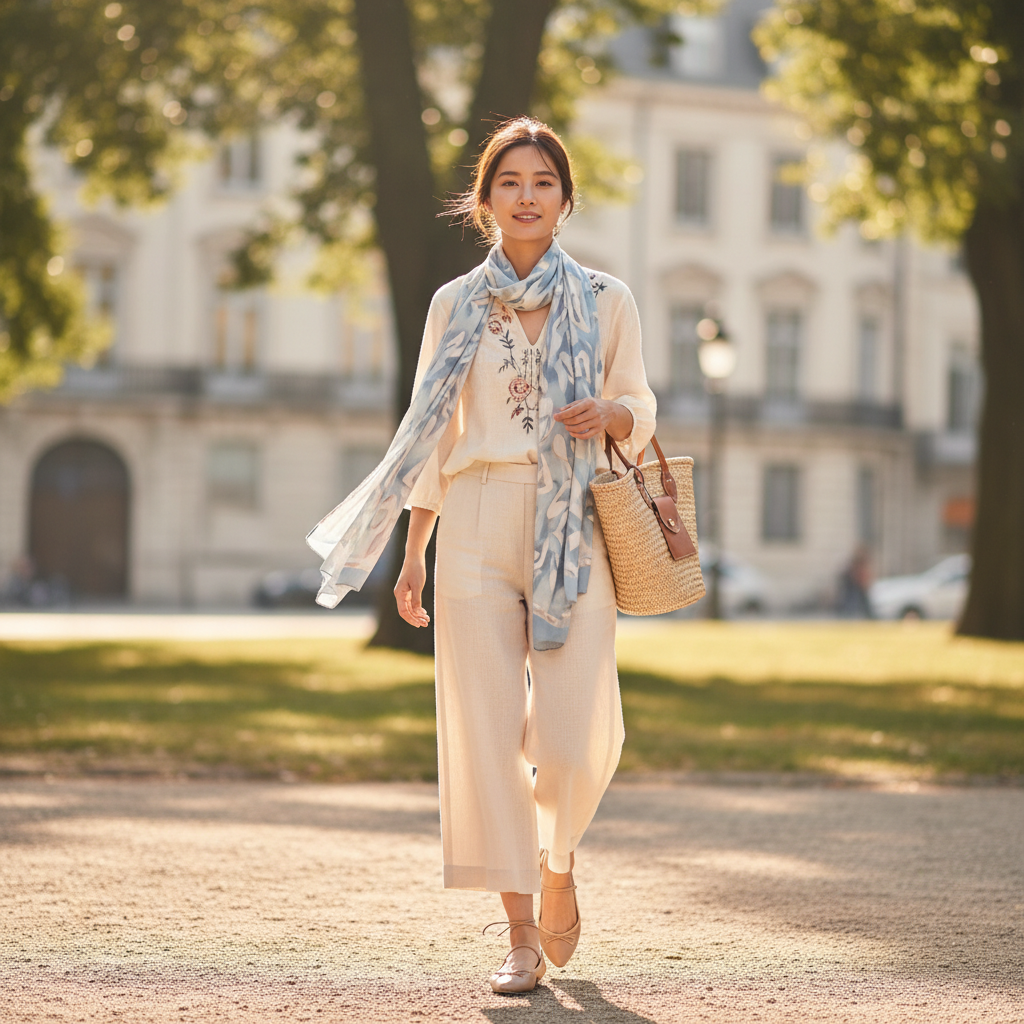 A full-body shot of a stylish woman confidently walking in a sunlit urban park, embodying the 'Dreamy Day Out' look. She wears a linen culotte, a delicate embroidered cream top, a light silk scarf draped casually, and elegant ballet flats. Her overall look is cohesive, comfortable, and sophisticated, reflecting a blend of Asian fashion principles. Soft focus background, natural lighting, photorealistic, 4k.