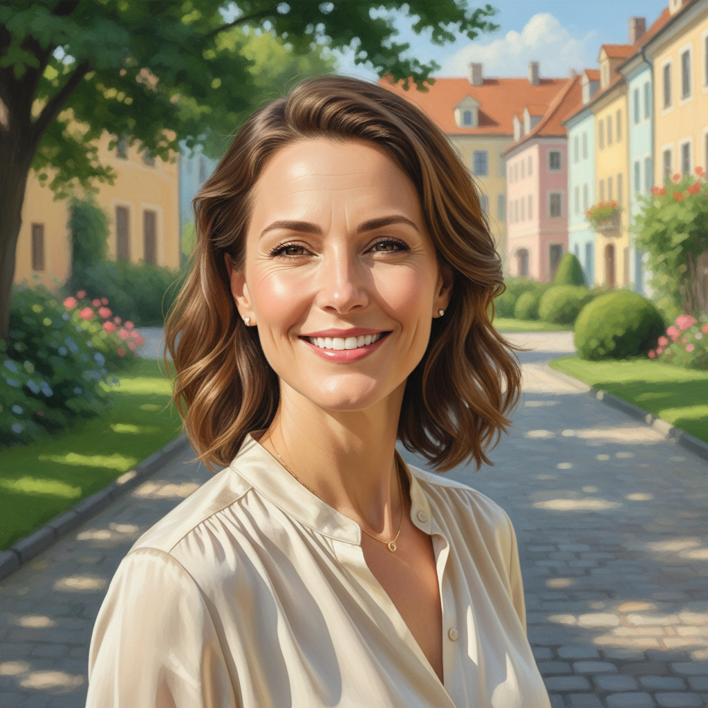 A close-up of a woman's radiant and confident smile, her eyes sparkling with joy and self-assurance. Her face is softly illuminated by natural light, hinting at a beautiful 'Dreamy Day Out' setting behind her. The image conveys a sense of inner peace, stylish comfort, and personal fulfillment. Soft focus background, photorealistic, 4k.