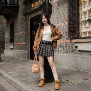 A stylish person walking confidently on a bustling city street, impeccably dressed in a 'Cozy Latte Street Style' outfit, holding a steaming latte.