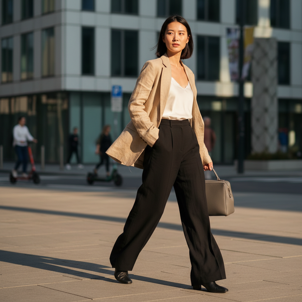 A young Asian woman confidently walking on a city street, wearing a modern, oversized linen blazer in neutral beige, wide-leg flowing black trousers, and a simple white camisole. She has a sleek bob haircut and carries a structured minimalist handbag. The background features blurred city architecture with a clean, contemporary aesthetic. Style: Photo Realistic (สมจริง)