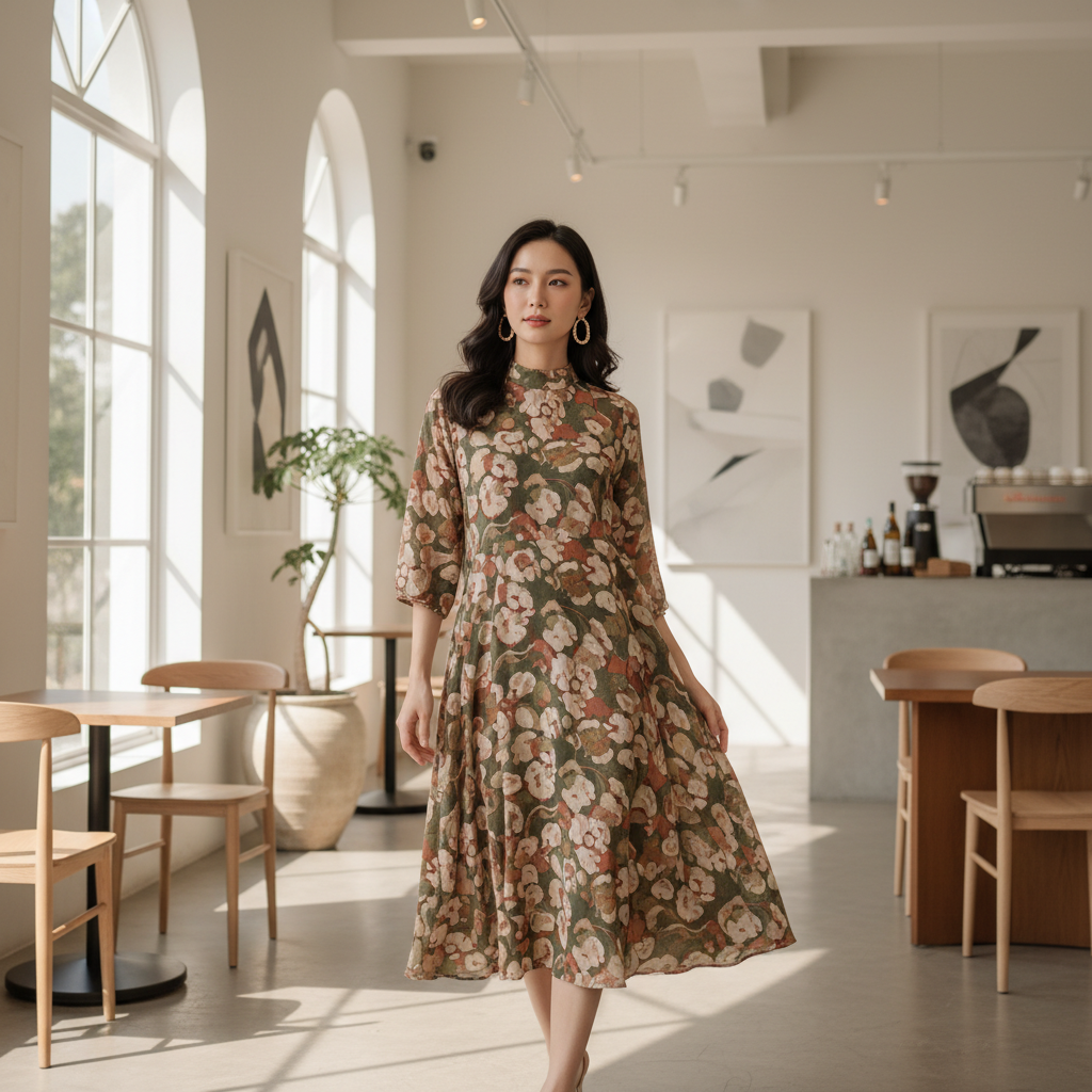 An Asian woman gracefully posing indoors, wearing a modern midi-length dress with a contemporary cut and subtle batik-inspired patterns in earthy olive green and terracotta tones. The dress has a high neckline and a soft, flowing silhouette. Her hair is styled naturally, and she wears delicate gold hoop earrings. The setting is a bright, airy, chic minimalist cafe or art gallery. Style: Photo Realistic (สมจริง)