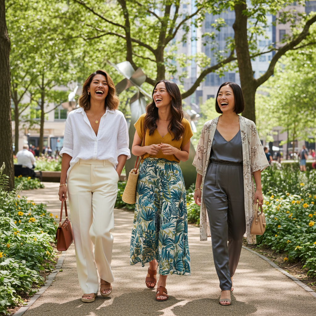 Three diverse Asian women laughing and walking together in a vibrant urban park. One wears a relaxed, oversized white shirt and tailored trousers, another a flowing patterned skirt with a simple knit top, and the third a chic jumpsuit with a light kimono-style jacket. Their outfits are cohesive, individual, and emphasize comfort, cultural sensitivity, and contemporary fashion trends. The background shows a green park with modern sculptures bathed in natural daylight. Style: Photo Realistic (สมจริง)