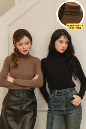 Aria Turtleneck Long Sleeve Top - Stretchy Wool-Blend Turtleneck